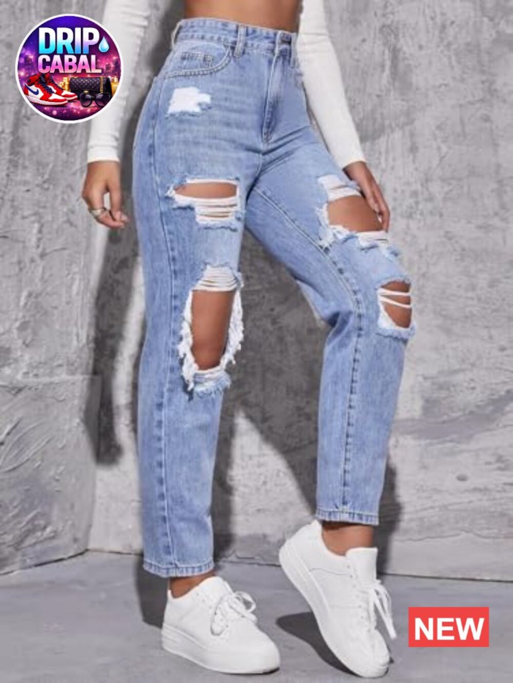High Waist Boyfriend Straight Leg Ripped Jeans Distressed Denim - Picture 3 of 5